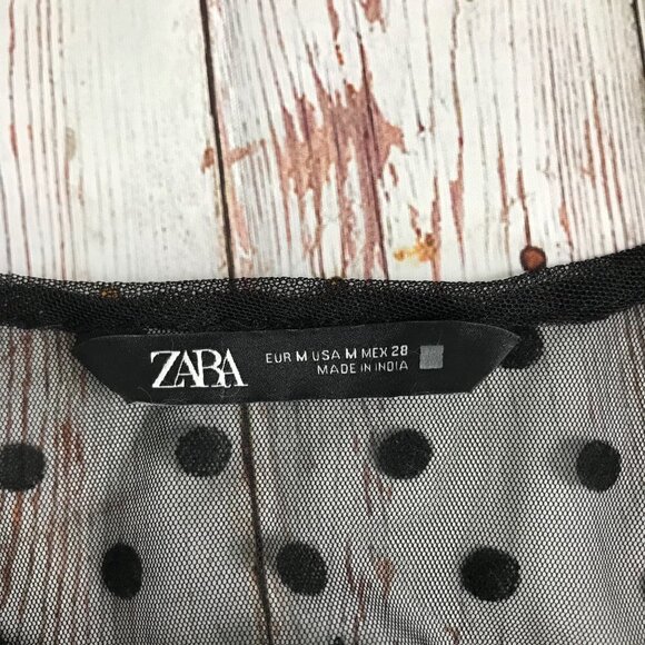 Zara Black Sheer Mesh Polka Dot/Floral Embroidery Midi Dress Size Medium - Picture 6 of 9